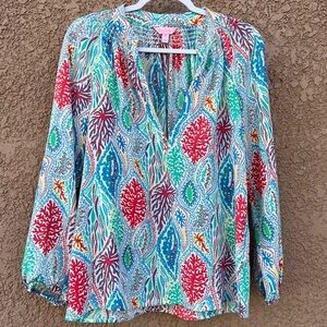 Lilly Pulitzer Shirt Blouse Womens XS‎ 100% Silk Multicolor Geometric Elsa Top
